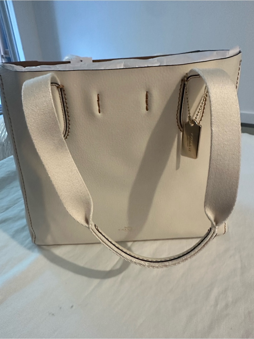 Coach Cream Leather Tote with Gold-Tone Charm
